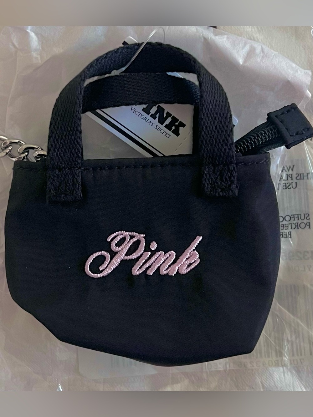 PINK Victoria's Secret Black Mini zippered Tote Keychain embroidered logo NWT